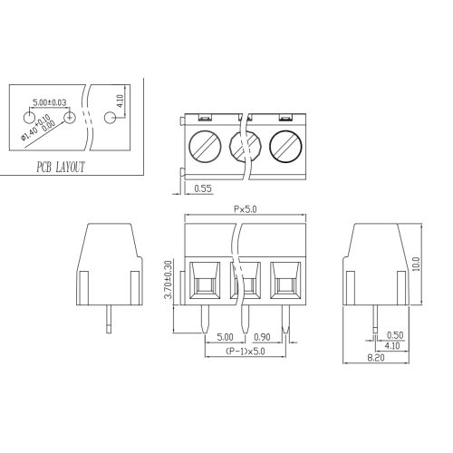 El tipo de terminal PCB de tornillo de paso de 5.0 mm 2p3p se puede empalmar